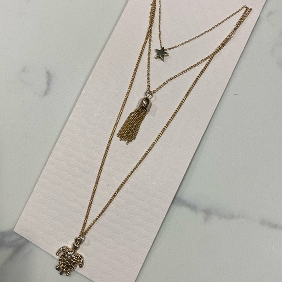 Gold long triple chain necklace with star, tassel, and turtle 🔴9 - Picture 1 of 4